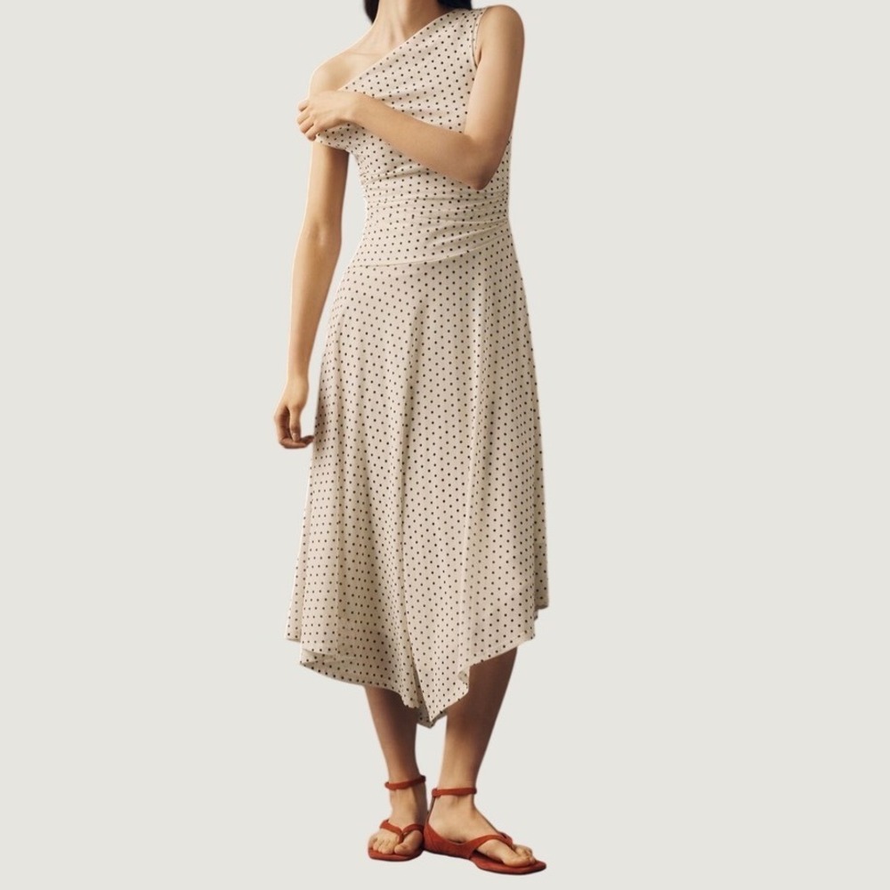 ASTR the Label Ciarra Dress M One Shoulder Polka Dot Mesh Midi Ivory Black